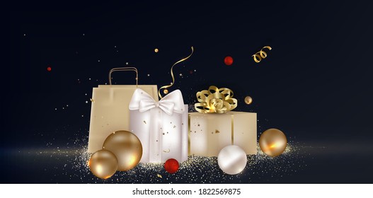 Fondo de la celebración de Navidad. Cajas de regalo, regalos con decoración de vacaciones en negro.Tarjeta de felicitación. Año nuevo 2021. Vector realista.
