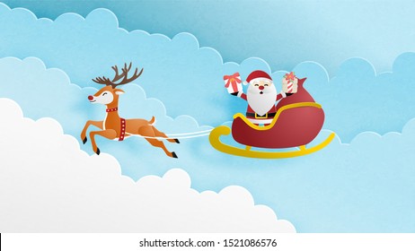 Christmas celebration background in paper cut style with Santa Claus on sleigh and reindeer in clouds and sky. Vector illustration design for backdrop, wallpaper, poster, brochure.