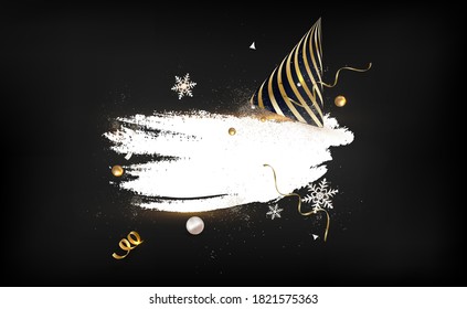 Christmas celebration background, party hat, flying confetti, serpentine on a black. Greeting card. New year 2021. Realistic vector.