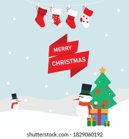Christmas celebration background. Vector illustration of snow, socks, gift, and Christmas tree.