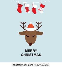
 Christmas celebration background. Vector illustration of a deer head, socks, and more.