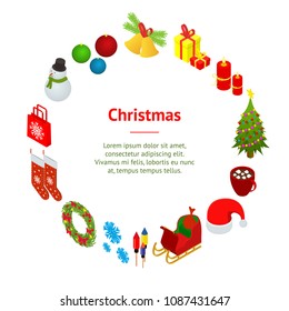 Christmas Celebration Banner Card Circle 3d Isometric View for Web and App Include of , Bell, Tree, Candle, Sock and Mitten. Vector illustration