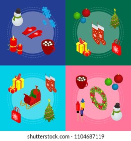 Christmas Celebration Banner Card Set 3d Isometric View for Web and App Include of , Bell, Tree, Candle, Sock and Mitten. Vector illustration of Cards