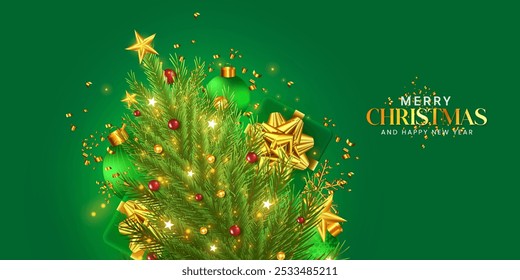 Christmas celebration banner design template. Realistic Merry Christmas and Happy New Year holiday background design with a hanging Christmas ball, isolated lights, tree branch, and light effect. 