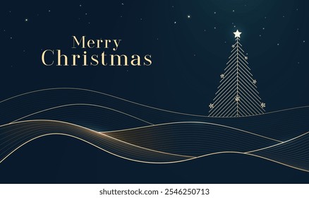 Christmas celebration banner on dark background of golden linear waves and Christmas tree