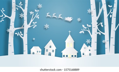 Christmas celebration banner in paper cut style. Digital craft paper art.