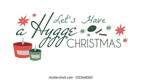 Christmas celebration banner for social network. Vector lettering composition with cozy aroma candles. Scandinavian, nordic style. Hygge concept.