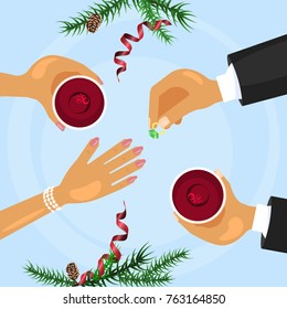 Christmas celebration and betrothal ring. Xmas amorous dating theme top view. Vector illustration eps 10