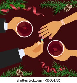 Christmas celebration and betrothal. Xmas amorous date theme top view on red table background. Vector illustration eps 10