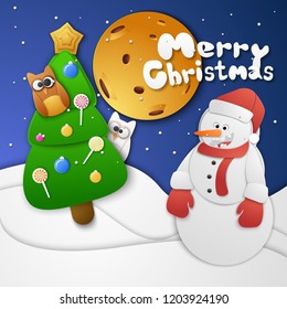 Christmas celebration card with snowman and Christmas tree paper style vector illustration
