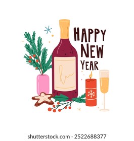 Christmas celebration with champagne. Xmas decoration: branches of fir tree, mistletoe, candle. Congratulation phrase Happy New Year on festive sticker. Flat isolated vector illustration on white