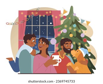 Christmas celebration. Cheerful family members, black couple with son and dog spending time together on winter holidays. Christmas tree and decoration. Flat vector illustration