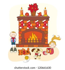 Christmas celebration.  Children and pets. Hand drawing illustration.