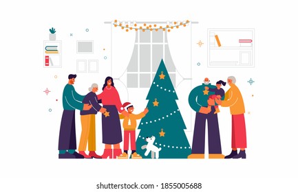 Christmas celebration with close relatives illustration. Smiling elderly parents with grandchildren in their arms. Male and female characters gathered with dog around new year tree vector flat.