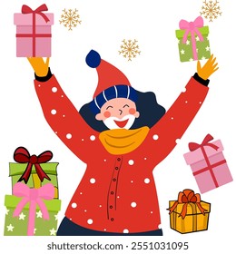 Christmas celebration concept A cheerful smiling woman wears a red Santa hat. Consists of green plants and gift boxes.