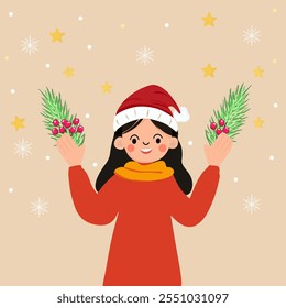 Christmas celebration concept A cheerful smiling woman wears a red Santa hat. Consists of green plants and gift boxes.