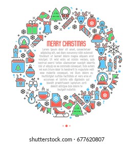 Christmas celebration concept in circle with thin line new year and Christmas symbols for banner, invitation, greeting card, print media. Vector illustration.