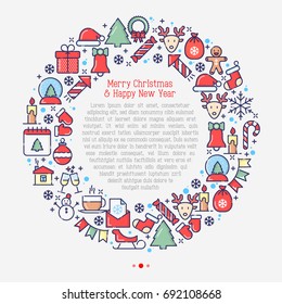 Christmas celebration concept in circle with thin line New Year and Christmas symbols for web page, banner, invitation, greeting card, print media. Vector illustration.
