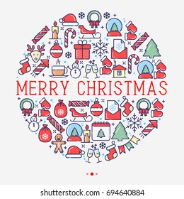 Christmas celebration concept in circle with thin line New Year and Christmas symbols for web page, banner, invitation, greeting card, print media. Vector illustration.