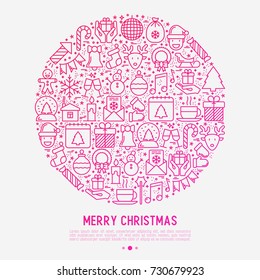 Christmas celebration concept in circle with thin line New Year and Christmas symbols for web page, banner, invitation, print media. Vector illustration.