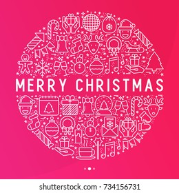 Christmas celebration concept in circle with thin line New Year and Christmas symbols. Vector illustration for web page template, banner, invitation, print media. 