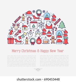 Christmas celebration concept in half circle with thin line New Year and Christmas symbols for web page, banner, invitation, greeting card, print media. Vector illustration.