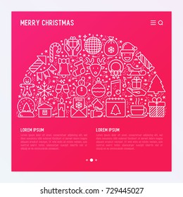 Christmas celebration concept in half circle  with thin line New Year and Christmas symbols for web page, banner, invitation, print media. Vector illustration.