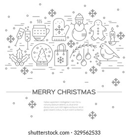 Christmas celebration concept - lots of new year and christmas symbols isolated on background with place or your text. Christmas flyer made in line style vector.