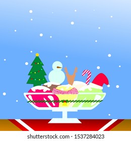 Christmas celebration concept on ice creams against snow fall