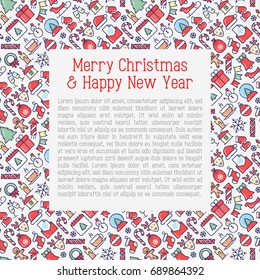 Christmas celebration concept with thin line New Year and Christmas symbols for web page, banner, invitation, greeting card, print media. Vector illustration.