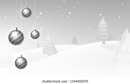 Christmas celebration concept, winter landscape background with decorative hanging baubles.