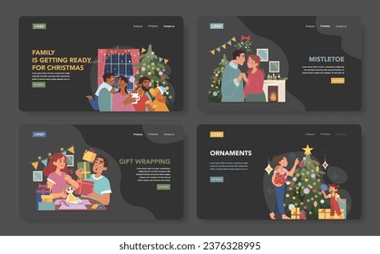 Christmas celebration dark mode or night mode web banner or landing page set. Family members having fun on festive night. People spending time together on winter holidays. Flat vector illustration