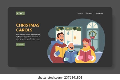 Christmas celebration dark mode or night mode web banner or landing page. Family of mother, father and son wearing warm outwear caroling or singing Christmas songs. Flat vector illustration