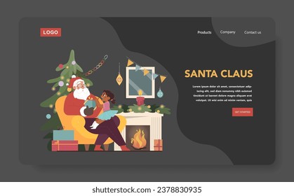 Christmas celebration dark mode or night mode web banner or landing page. Santa Claus holding little black girl on his lap. Cheerful kid get a present. Festive traditions. Flat vector illustration