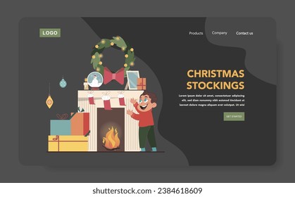 Christmas celebration dark mode or night mode web banner or landing page. Happy boy at fireplace. Child checking christmas stockings. Winter holidays tradition. Flat vector illustration