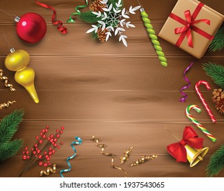 Christmas celebration decoration composition on wood with merry holiday symbols realistic vector illustration