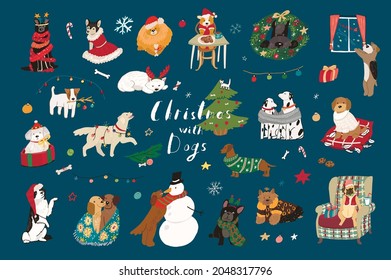 Christmas celebration with dog pets illustrations vector set