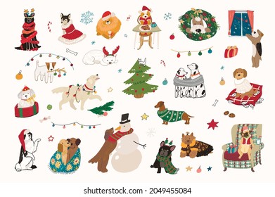 Christmas Celebration With Dog Pets Illustrations Vector Set