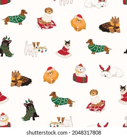 Christmas Celebration With Dog Pets Seamless Vector Pattern