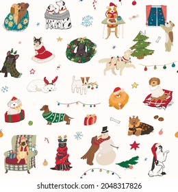 Christmas celebration with dog pets seamless vector pattern