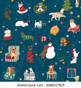 Christmas celebration with dog pets seamless vector pattern