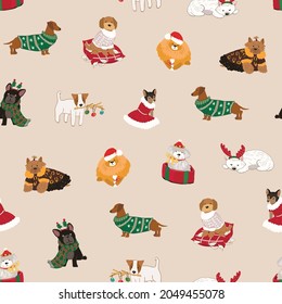 Christmas celebration with dog pets seamless vector pattern