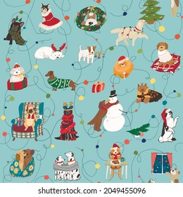 Christmas celebration with dog pets seamless vector pattern