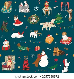 Christmas celebration with dog pets seamless vector pattern