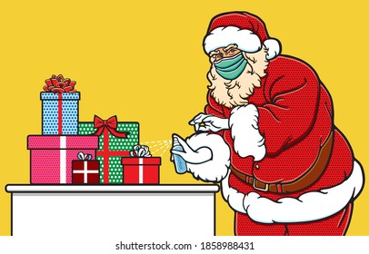 Christmas celebration during coronavirus pandemic Concept. The various postures of Santa Claus, illustration, shape, line, art, pattern, retro style in vector isolated on background.