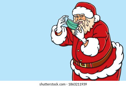 Christmas celebration during coronavirus pandemic Concept. The various postures of Santa Claus, illustration, shape, line, art, pattern, retro style in vector isolated on background.