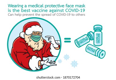 Christmas celebration during coronavirus pandemic Concept. The various postures of Santa Claus, illustration, shape, line, art, pattern, retro style in vector isolated on background.