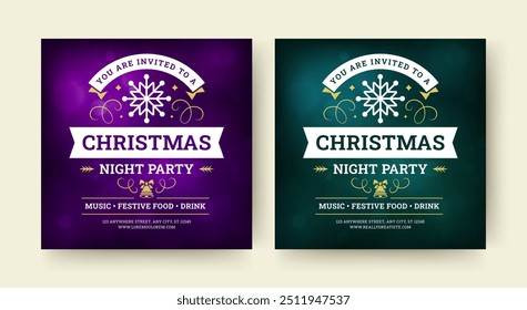 Christmas celebration festive music party social media post design template set vector illustration. Happy New Year Xmas festival event announcement promo card with abstract glow bokeh background