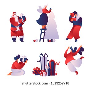 Christmas celebration flat vector illustrations set. Cartoon Santa Claus with gift box isolated on white background. Cheerful people decorating fir tree, giving and receiving presents characters pack