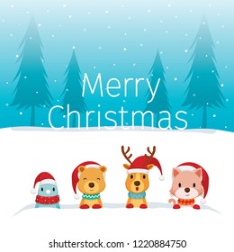 Christmas Celebration, Four Animals Happy in Snowdrift, New Year, Xmas, Festive, Celebrations, Holiday